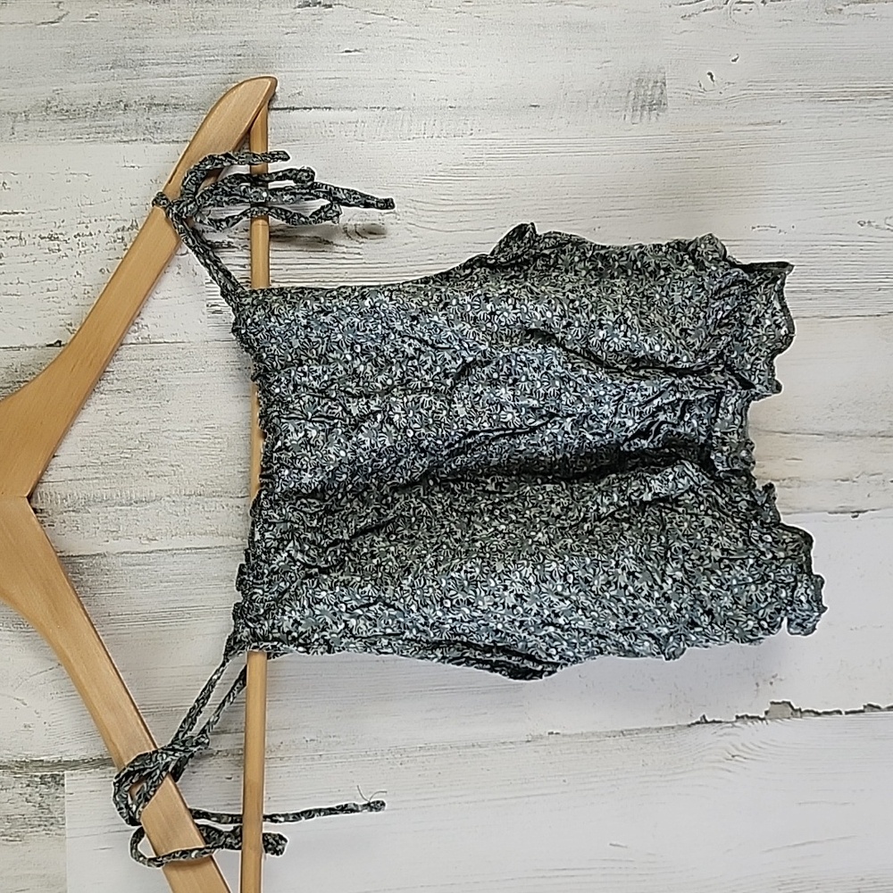 Brandy Melville green micro floral print crop top spaghetti straps One Size